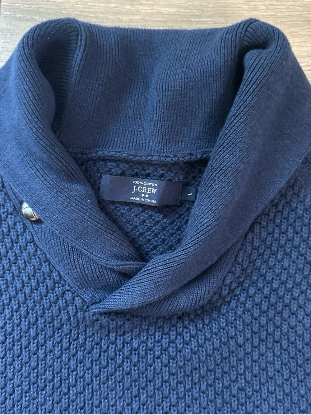 J. CREW Men’s Size L Navy Blue Sweater Shawl Collar Pullover Waffle Knit
